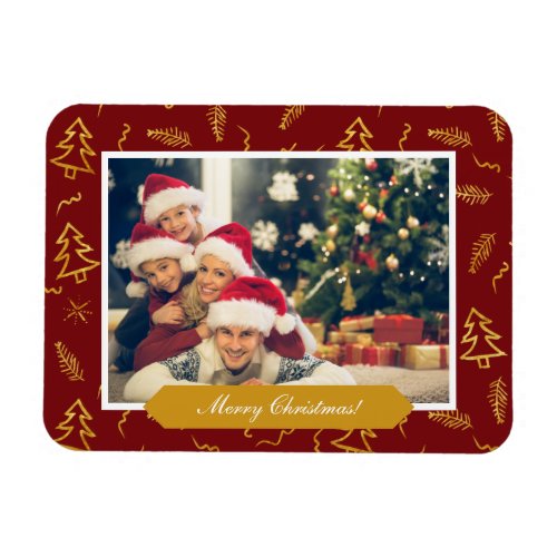 Gold Foil Christmas Tree Pattern Red Holiday Photo Magnet