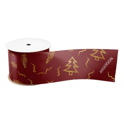 Gold Foil Christmas Tree Pattern Red Holiday Satin Ribbon