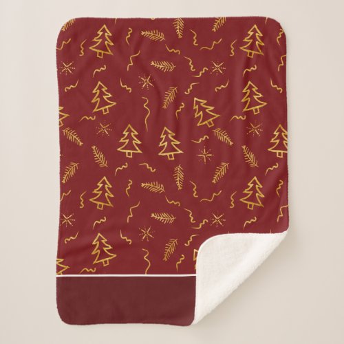 Gold Foil Christmas Tree Pattern Red Holiday Sherpa Blanket