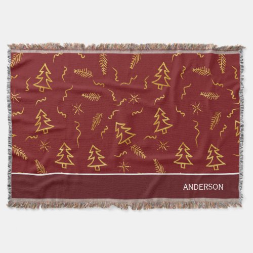 Gold Foil Christmas Tree Pattern Red Holiday Throw Blanket