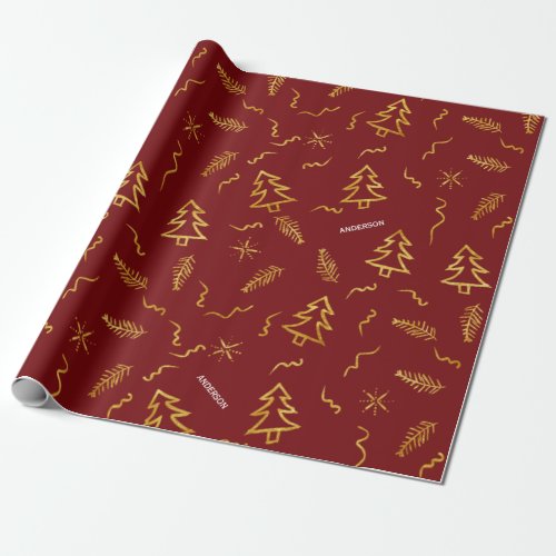 Gold Foil Christmas Tree Pattern Red Holiday Wrapping Paper