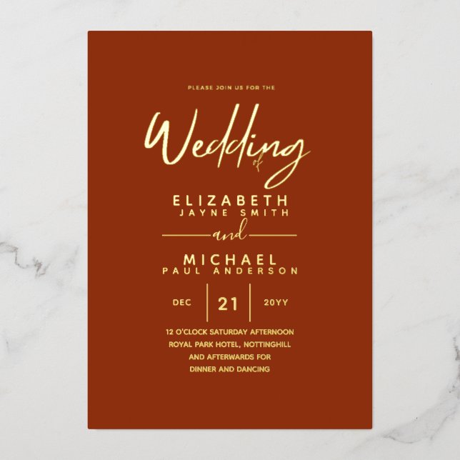 GOLD FOIL Cinnamon Roll Modern All-in-1 Wedding Foil Invitation (Front)