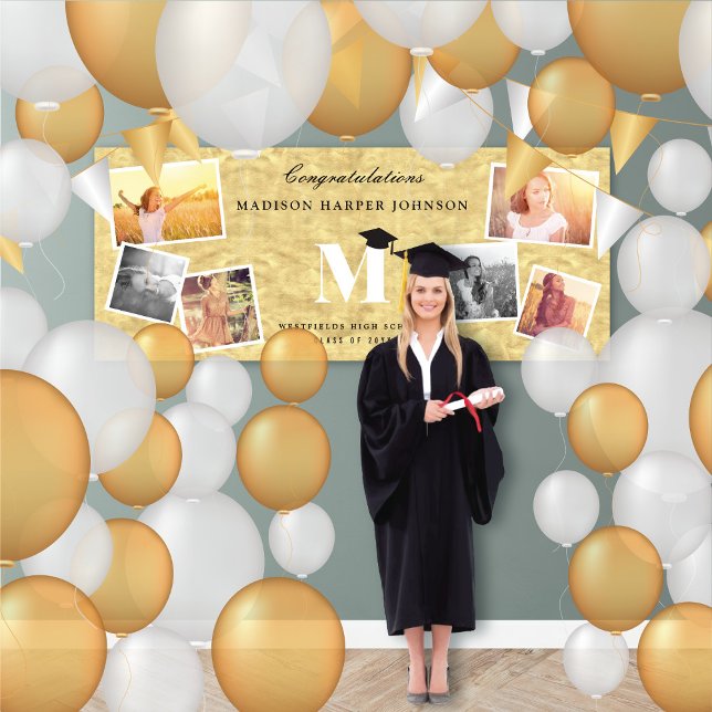 Gold Foil Classic Monogram 6 Photo Chic Grad Party Banner (Gold Faux Foil Name Monogram 6 Photo Chic Graduation Party Banner @ www.zazzle.com/color_therapy)