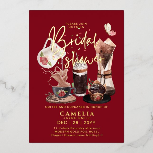 Gold Foil Coffee Cupcakes BRIDAL SHOWER QR Code Foil Invitation (Front)