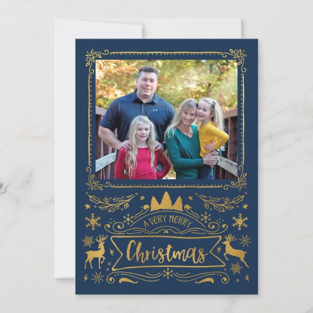 Gold Foil Collage on Navy Blue Photo Christmas Holiday Card (Front)