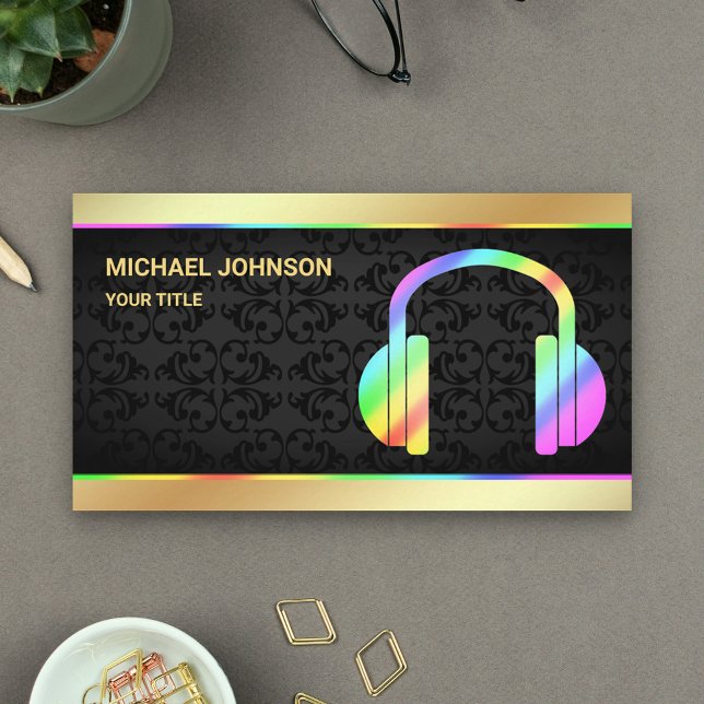 Gold Foil Colorful Rainbow Headphones Music DJ Business Card (Creator Uploaded)