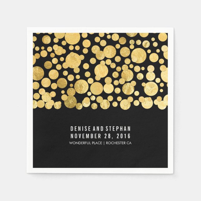 gold foil confetti black wedding paper napkins (Front)