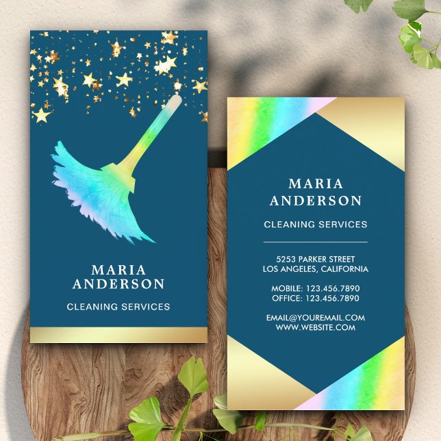 Gold Foil Confetti Blue Duster Cleaning Service Business Card (Creator Uploaded)