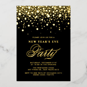 Gold Foil Confetti Dots Black New Year's Eve Party Invitation