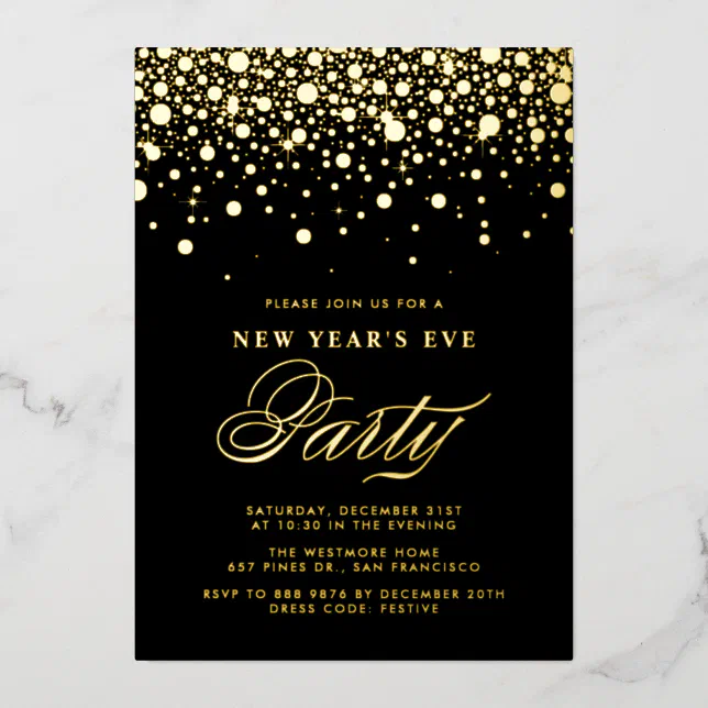Gold Foil Confetti Dots Black New Year's Eve Party Invitation | Zazzle