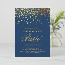 Gold Foil Confetti Dots Blue New Year's Eve Party Invitation
