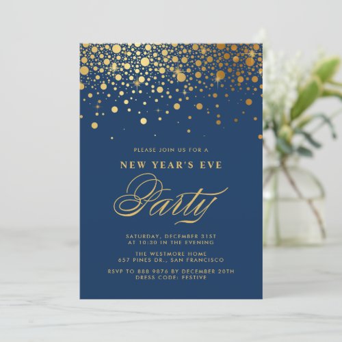 Gold Foil Confetti Dots Blue New Years Eve Party Invitation
