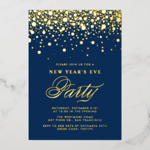 Gold Foil Confetti Dots Blue New Year's Eve Party Invitation