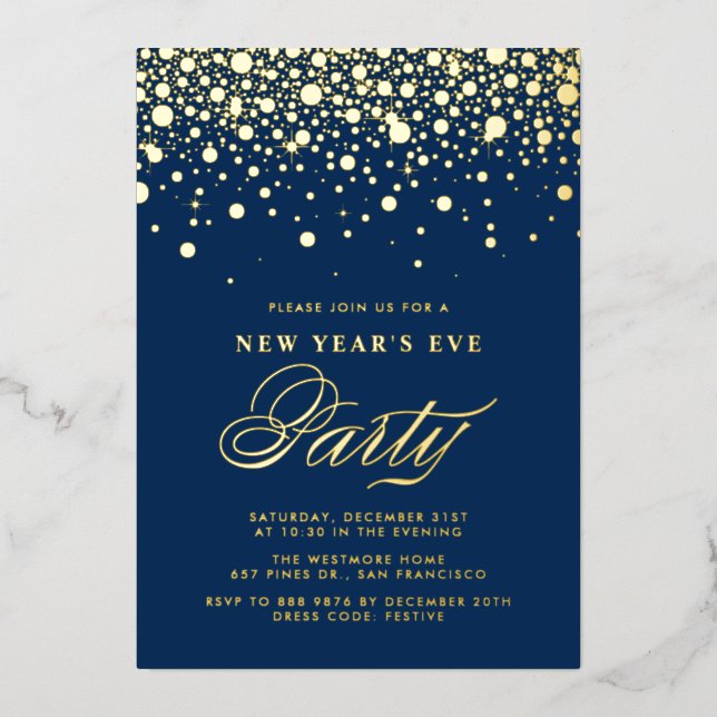 Gold Foil Confetti Dots Blue New Year's Eve Party Invitation (Front)