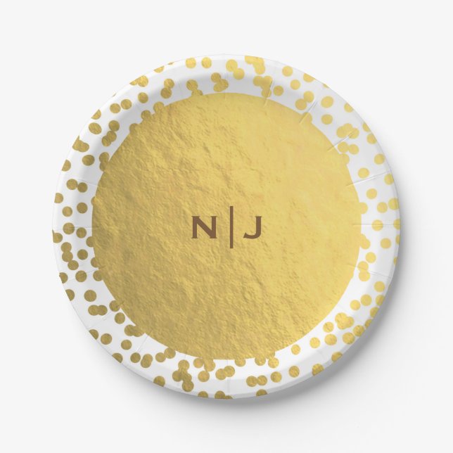 Gold Foil Confetti Dots Glam Modern Wedding Paper Plates (Front)