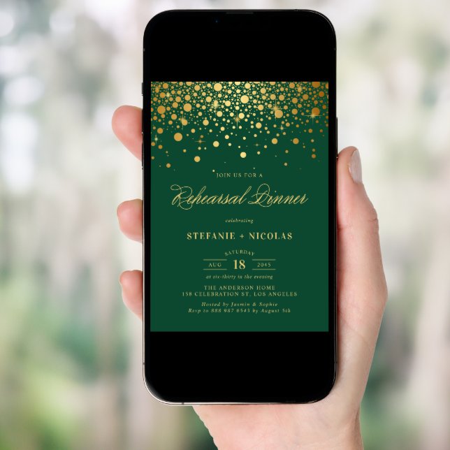 Gold Foil Confetti Dots Green Rehearsal Dinner Invitation (Front Digital)