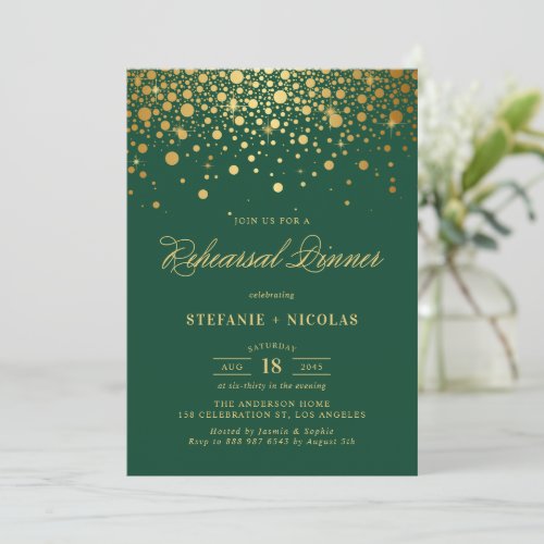 Gold Foil Confetti Dots Green Rehearsal Dinner Invitation