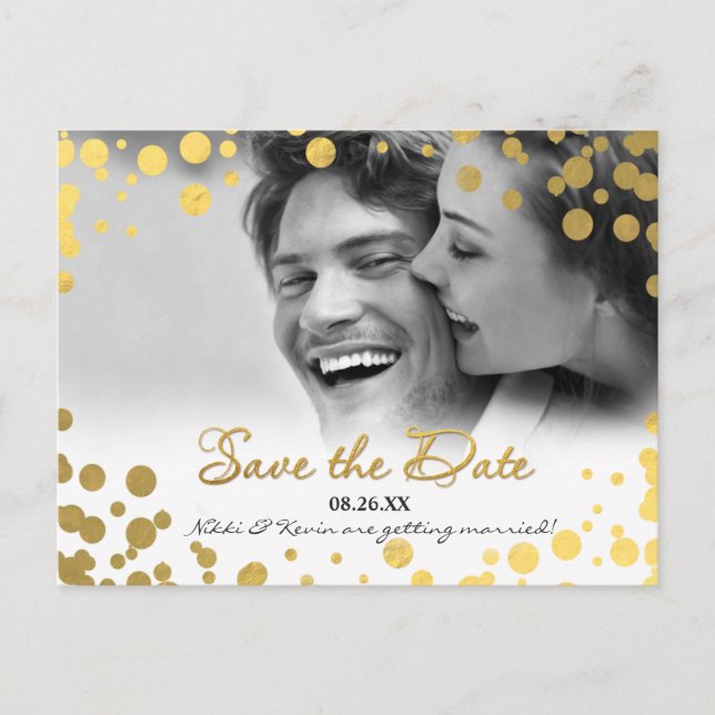 Gold Foil Confetti Dots Photo Save Date Postcard (Front)