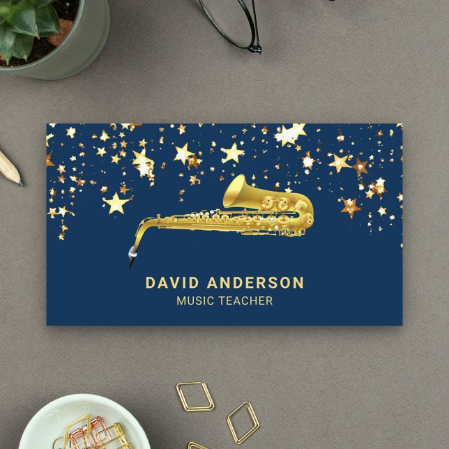 Gold Foil Confetti Elegant Saxophone Saxophonist Business Card (Creator Uploaded)
