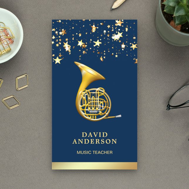 Gold Foil Confetti French Horn Music Teacher Business Card (Creator Uploaded)