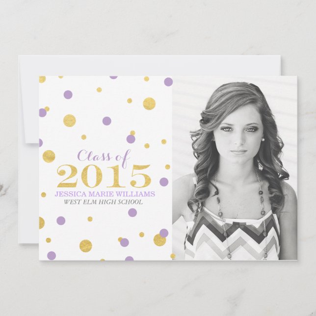 Gold Foil Confetti Graduation Invitations | Purple (Front)