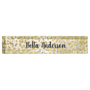 Gold Foil Confetti Modern Chic Glitter Glam Trendy Desk Name Plate
