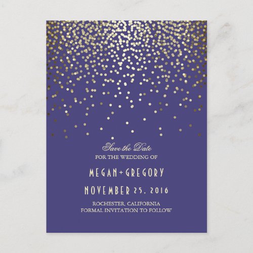 gold foil confetti navy save the date announcement postcard