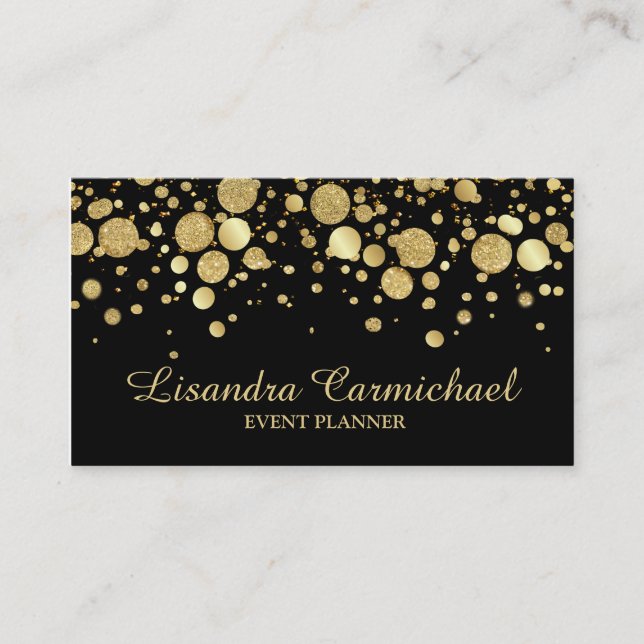 Gold Foil Confetti On Black Business Card (Front)