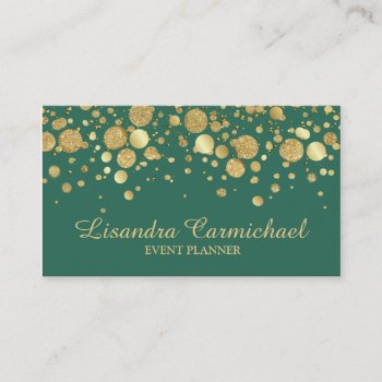 Gold Foil Confetti On Green Business Card by uniqueprints at Zazzle