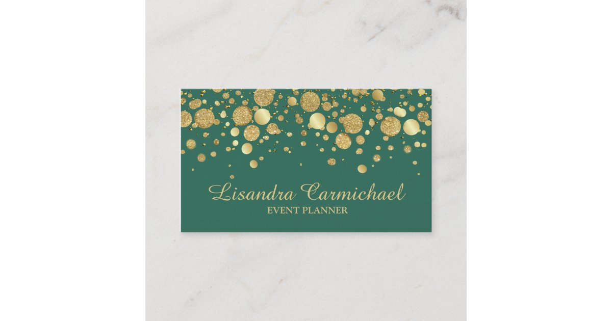 Gold Foil Confetti On Green Business Card