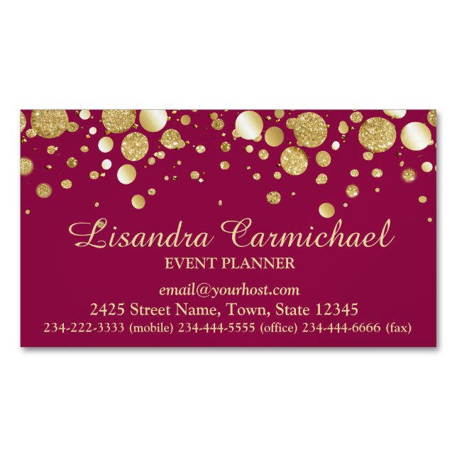 Gold Foil Confetti On Wine Magnetic Business Card (Front)