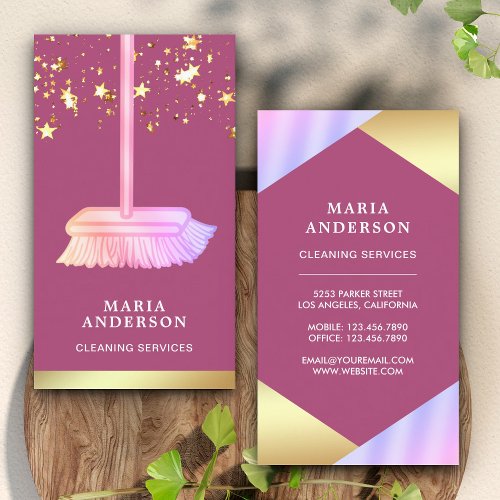 Gold Foil Confetti Pink Broom Cleaning Services Business Card