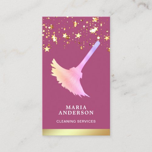 Gold Foil Confetti Pink Duster Cleaning Service Business Card