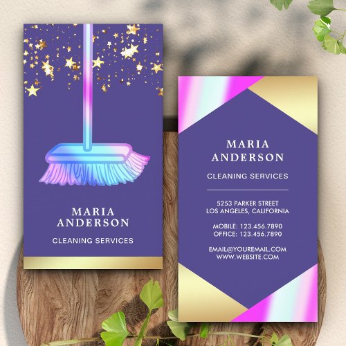 Gold Foil Confetti Purple Broom Cleaning Services Business Card