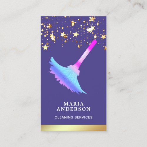 Gold Foil Confetti Purple Duster Cleaning Service Business Card