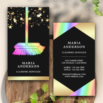 Gold Foil Confetti Rainbow Broom Cleaning Services Business Card by ShabzDesigns at Zazzle