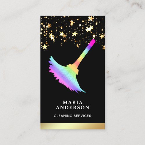 Gold Foil Confetti Rainbow Duster Cleaning Service Business Card