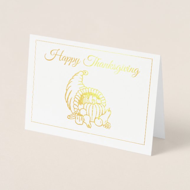 Gold Foil Cornucopia Thanksgiving Holiday Card (Front)