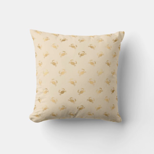 Gold Foil Crabs Nautical Pattern Ivory Neutral Outdoor Pillow (Front)