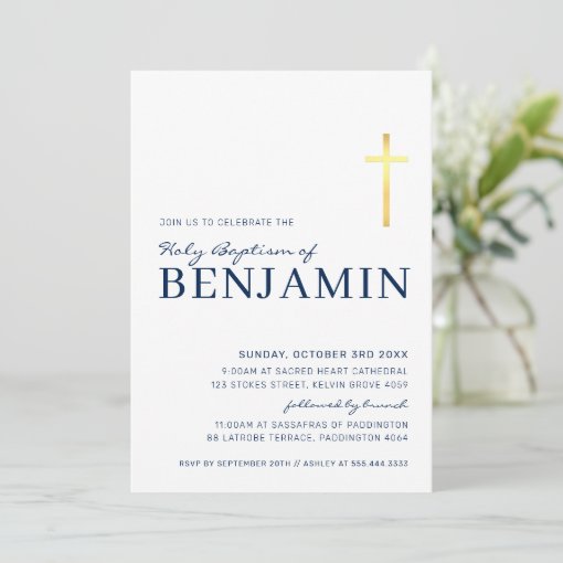 GOLD FOIL CROSS modern baptism minimal navy blue Invitation | Zazzle