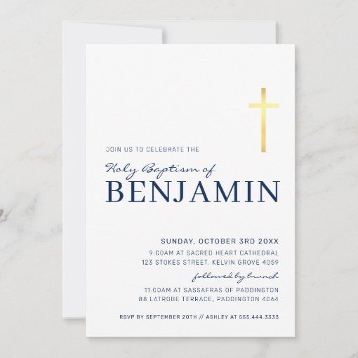 GOLD FOIL CROSS modern baptism minimal navy blue Invitation | Zazzle