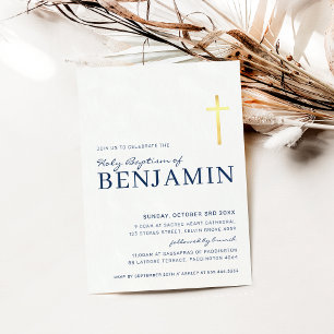 GOLD FOIL CROSS modern baptism minimal navy blue Invitation