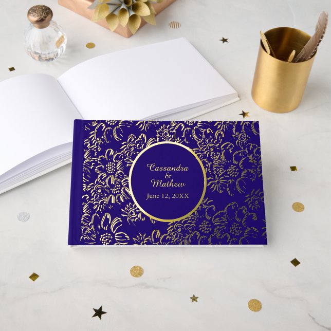 Gold Foil Daisies Floral Royal Blue Wedding Guest Book (Front Open)