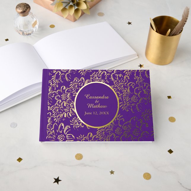 Gold Foil Daisies Floral Royal Purple Wedding Guest Book (Front Open)