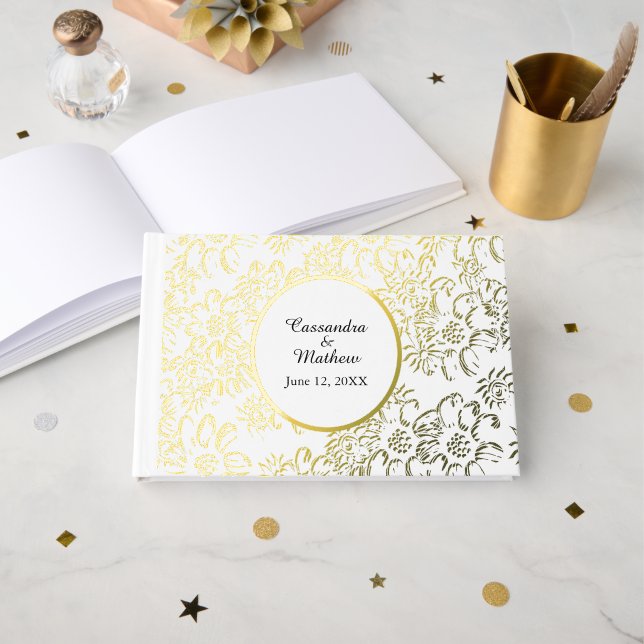Gold Foil Daisies Floral White Wedding Guest Book (Front Open)
