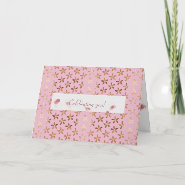 gold foil daisies on pink birthday card (Front)