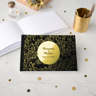 Gold Foil Daisies Romantic Floral Black Wedding Guest Book