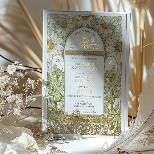 Gold Foil Daisies Wedding Invitations Art Nouveau