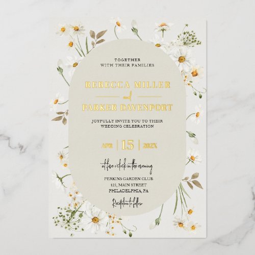 Gold foil daisy wildflowers wedding invitation