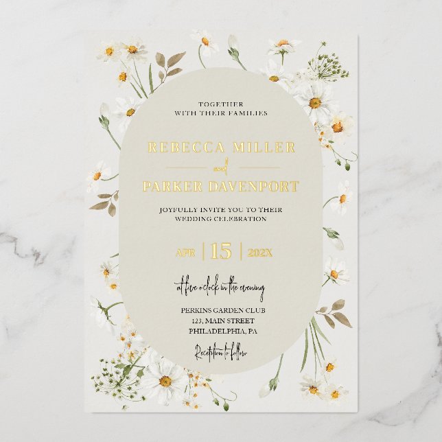 Gold foil daisy wildflowers wedding invitation (Front)
